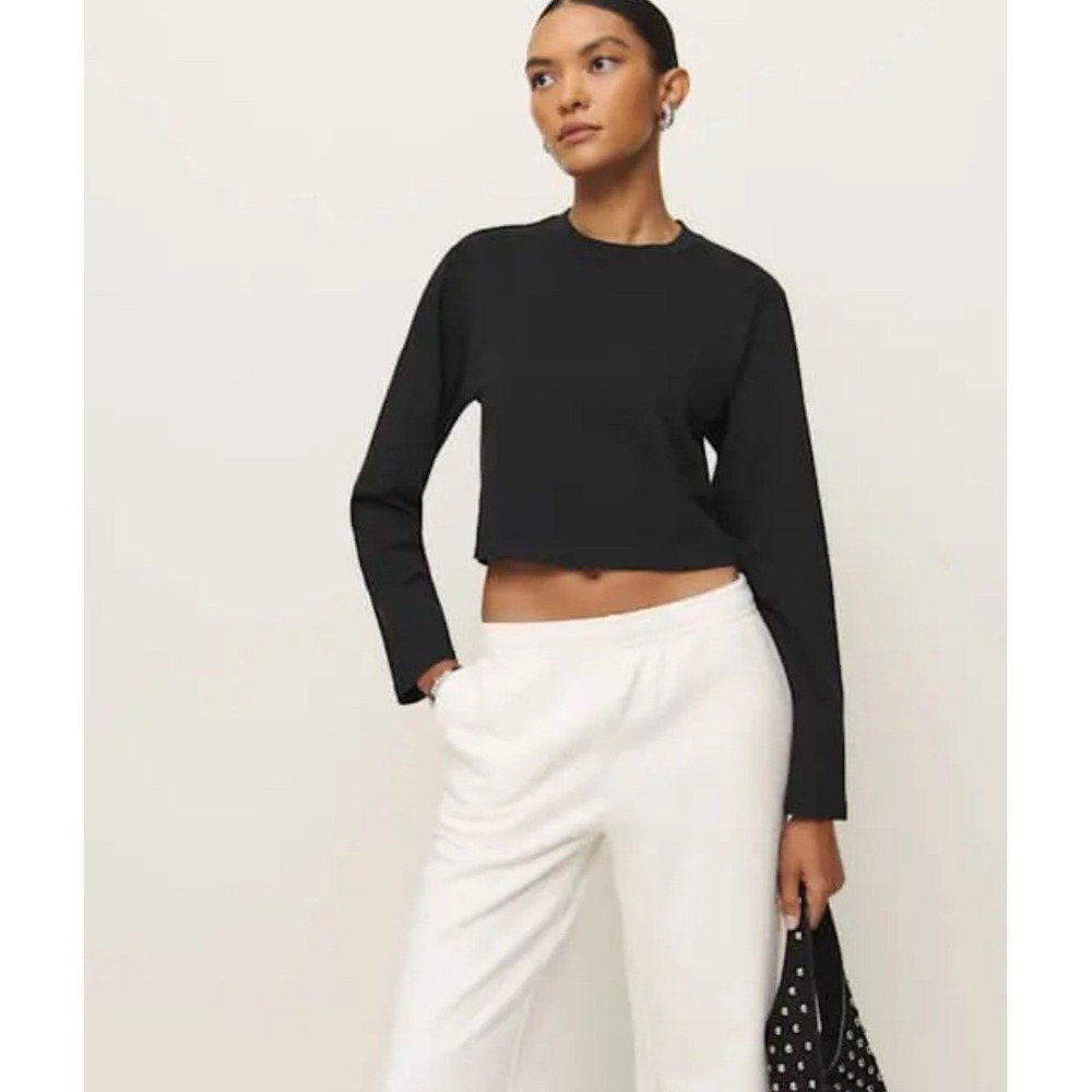 Reformation Jeans Asher Cropped Long Sleeve T-Shirt Black Ribbed Crew Neck XS